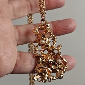 Vintage Modernist Brutalist Freeform Gold Tone & Pendant Necklace MCM